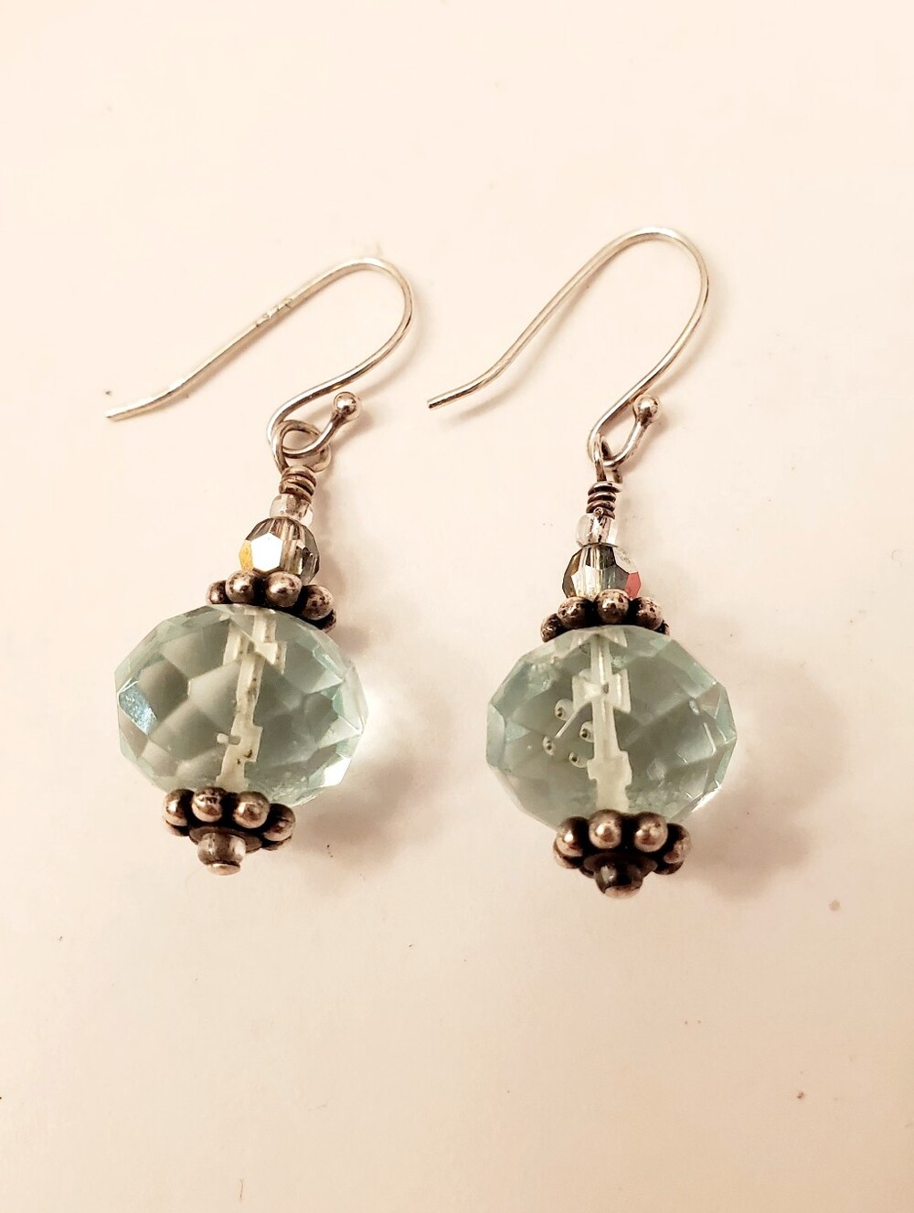Sterling Silver Aquamarine Glass Bead Drop Earrings, .925, Beautiful Sparkle